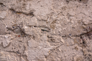 Old concrete wall for background. Color Del Rio, shade Brown. Textured with cracks, stones.