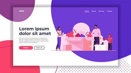 Family packing donation box. Clothes and toys for needy people flat vector illustration. Volunteering, charity, goodwill concept for banner, website design or landing web page