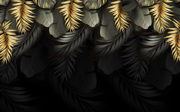 black and gold tropical leaves on dark background Luxury exotic botanical