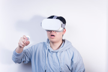 People wearing glasses playing vr virtual reality with a handle