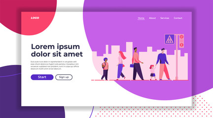 Pedestrians crossing street. Crosswalk, road sign, traffic light flat vector illustration. City, urban life, safety concept for banner, website design or landing web page