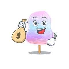 Rich and famous rainbow cotton candy cartoon character holding money bag