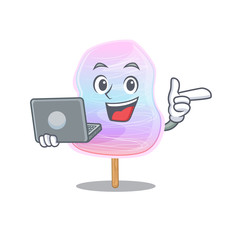 Cool character of rainbow cotton candy working with laptop