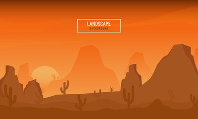Flat landscape background with cactus and mountains in orange tones.