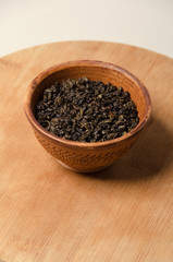 Green tea. Natural leaf of Chinese tea. Ingredient in a clay cup. Antioxidant and healthy life.