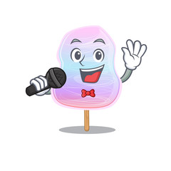 Happy rainbow cotton candy singing on a microphone