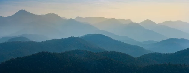 Poster Verbazingwekkend uitzicht op de wilde natuur van een laag bergboslandschap met bewolkte lucht. Natuurlijk groen landschap van wolken en berghellingen achtergrond. Maehongson, Thailand. Panoramisch uitzicht. © Thanumporn