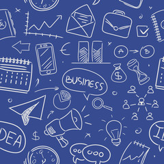 Seamless pattern. Big set of hand-drawn business icons on a blue background. Doodle style.