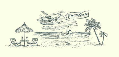 Vacation scene on sea resort. Hand drawn. Vector