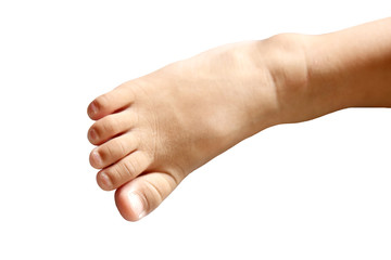 The toe of two year old child on white