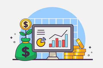 Money bag with monitor illustration concept