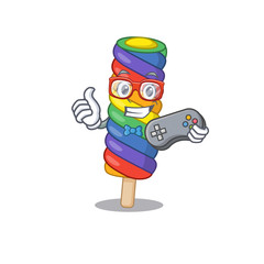 Smiley gamer rainbow ice cream cartoon mascot style