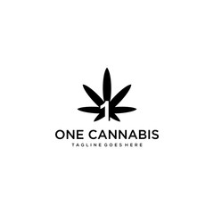 Silhouette of Cannabis marijuana hemp leaf with number one sign logo design