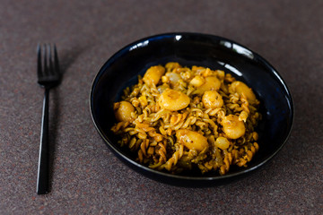 vegan fusilli pasta with baby potatoes and creamy mustard sauce