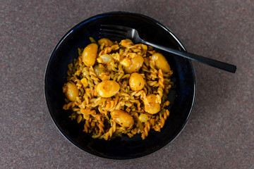 vegan fusilli pasta with baby potatoes and creamy mustard sauce