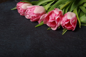 Yellow red tulips bouquet on black baclground