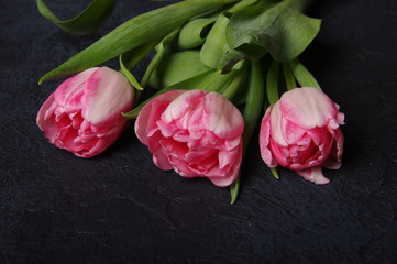 Yellow red tulips bouquet on black baclground