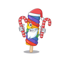 Rainbow ice cream Cartoon character wearing Santa costume bringing a candy