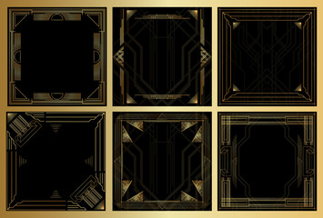 Set of six luxury geometric background with space for text. Vector illustrated vintage wedding invitation, greeting card in art deco.