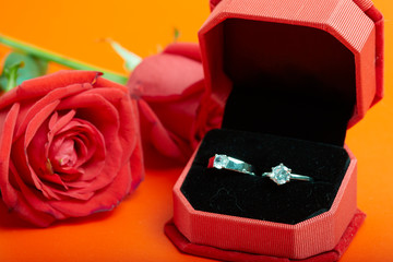 Diamond rings and gift boxes on roses