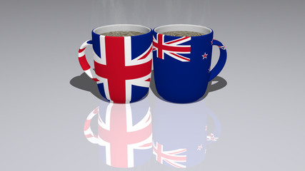 Fototapeta premium UNITED KINGDOM AND NEW ZEALAND: relationship or conflict on a pair of coffee cups for editorial and commercial use