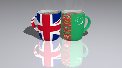 Relationship of UNITED KINGDOM AND TURKMENISTAN presented by their national flags on cups of tea or coffee as editorial or
