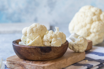 Cauliflower  flour  and vegetable on a cutting board. Healthy food.