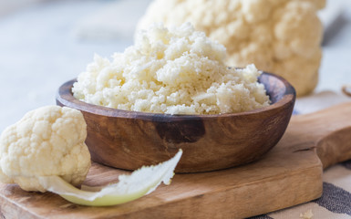 Cauliflower  flour  and vegetable on a cutting board. Healthy food.