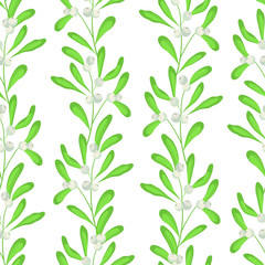 Vector seamless pattern with vertical mistletoe branches; white mistletoe for fabric, wallpaper, packaging, textile, web design.