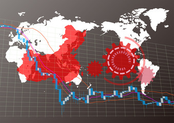 中国を起因とするコロナウィルスによる株価下落イメージ-黒背景