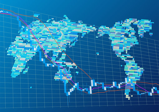 世界地図と株価下落イメージ