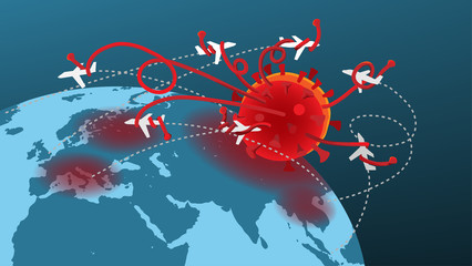Naklejka premium The infographic illustration picture of a giant virus monster is destroying the world airline industry. ( vector )
