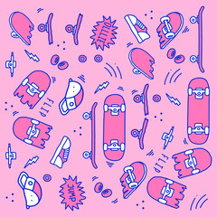 Seamless skateboard equipment doodle art