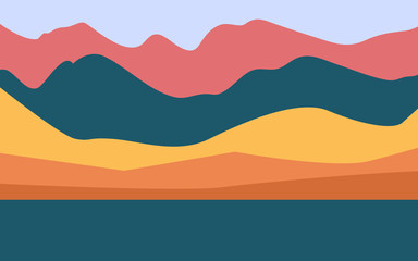 Minimalist landscape design flat scenery postcard nordic scandinavian design poster mountains lake full moon purple and blue color palette