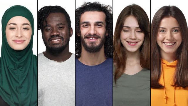 Collage of smiling men and women, diverse races expressing happiness and joy. Multi-ethnic group of people showing positive feelings. Split portrait multicultural team upbeat looking camera
