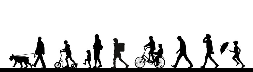 Obraz na płótnie Canvas People walk along the road, walk, rush to work. Children, men and women. Vector silhouettes set.