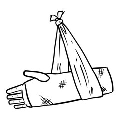 Broken arm cast doodle. Injured limb in gypsum plaster. Media glyph graphic symbol
