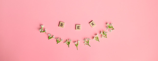 Obraz na płótnie Canvas three wooden blocks - letters SEX on them, flowers beneath them, pink background, space for more text images