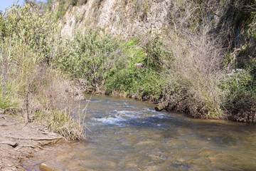 Fototapeta na wymiar The rapid, shallow, cold mountain Ayun river in the Galilee in northern Israel