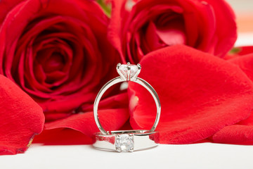 Diamond rings and gift boxes on roses