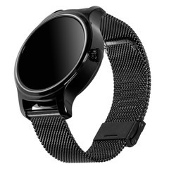 Wireless smart watch in a round glossy black case on a metal strap with a blank screen for a logo on a white background. Three quarter view