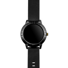Wireless smart watch in a round matte black case on silicone strap on a white background. Front view