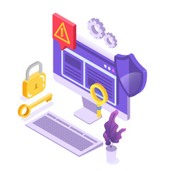 Web ban bypass, Internet censorship bypassing. Content control blocking, filtering offensive chats messaging. Vector isometric illustration.