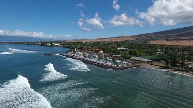 Boat Harbor on Beautiful Tropical Island of Maui, Hawaii, Aerial Slow Motion
