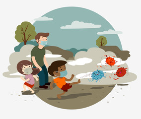 Fight against virus, covid-19, group of people wearing face mask, boy kicks away virus characters. Vector illustration