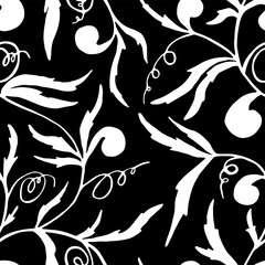 Seamless pattern with leaves, curls, flowing lines on on black background. Hand drawn vector illustration. Design for wallpaper, fabric, textile, packaging.