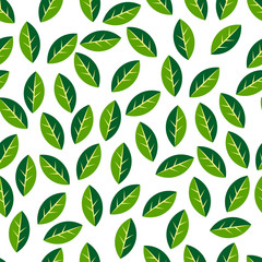 Naklejka premium Green and white simple geometric leaves scattered chaotically, springtime nature texture, seamless pattern, vector