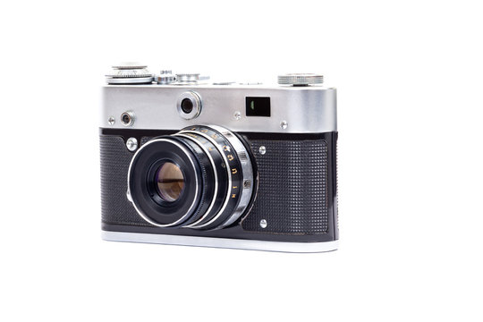 Vintage photo camera on a white background