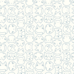 Kawaii cat pattern background. Cute vector seamless animal outline faces design.