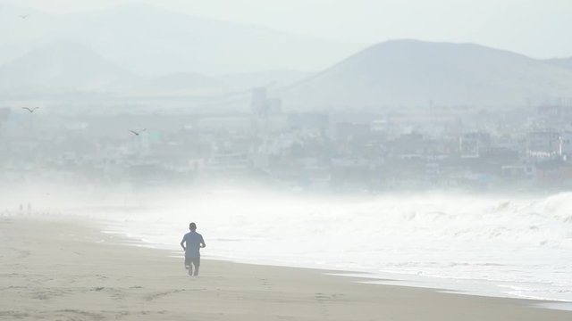 a man runs along the ocean. jogging in the morning on the beach. athlete in shorts at dawn. dog in the foreground on the beach. sand and beach.  from the back.  Seagulls, slums on the background. 